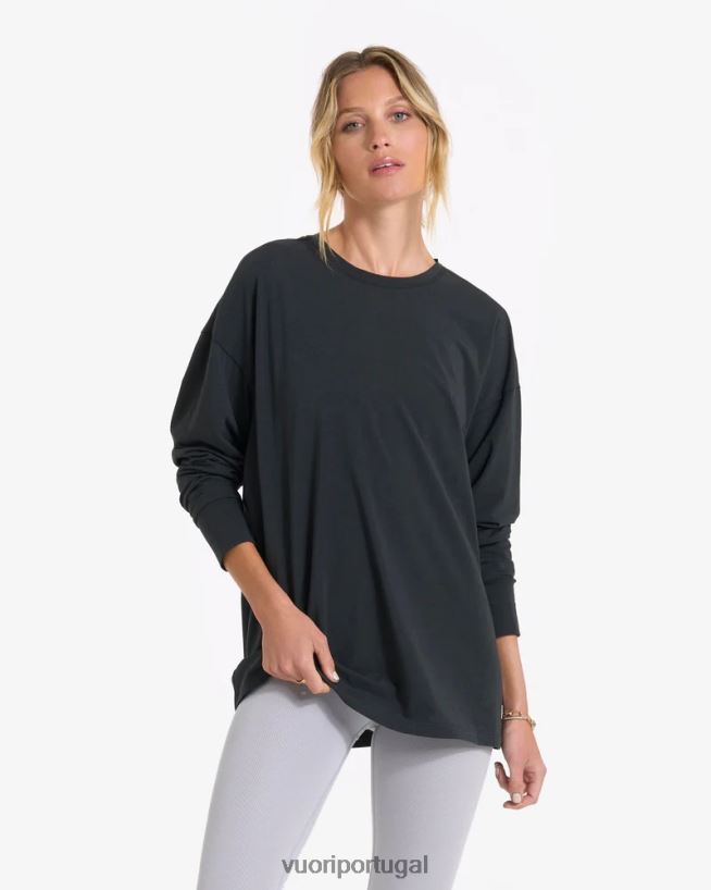 lavado de preto camiseta de penas de manga longa mulheres Vuori 68NJ8J124 roupas
